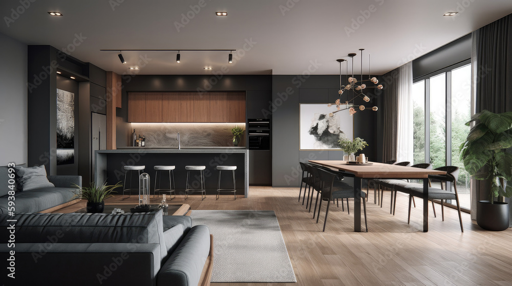 Fototapeta premium Modern interior design of living room with grey sofa and wooden coffee table