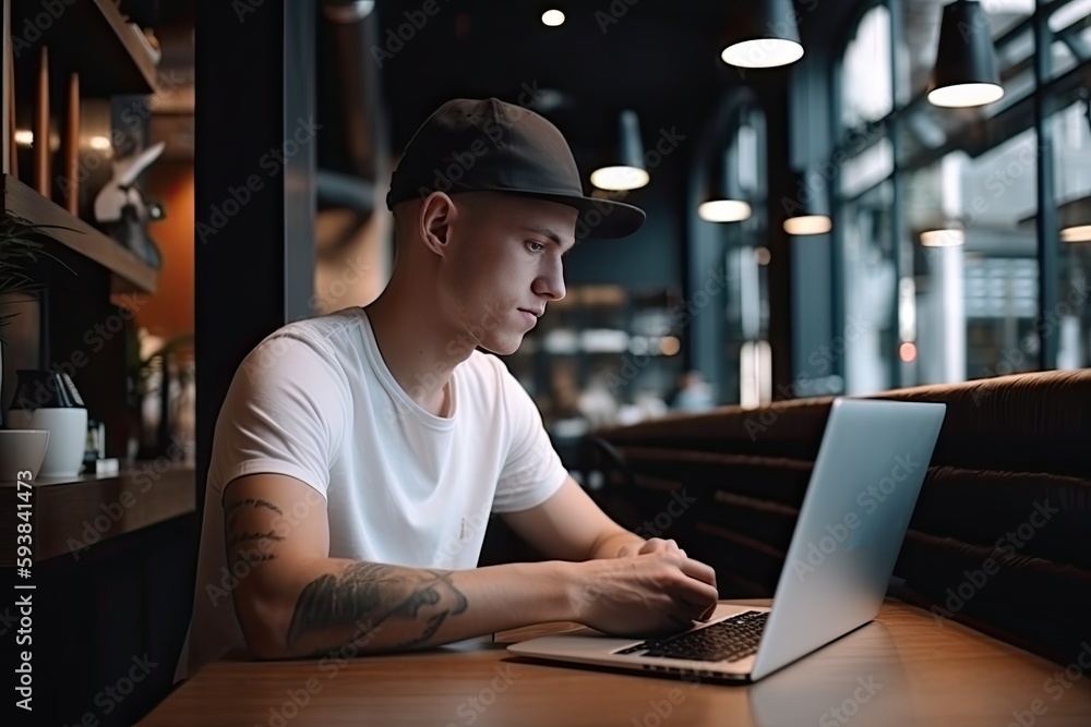 Cheerful and contented young Caucasian man sitting at desk and using laptop with a smile appears to be engaged and focused on his work. Generative AI Cheerful and contented young Caucasian man sitting at desk and using laptop with a smile appears to be engaged and focused on his work. Generative AI