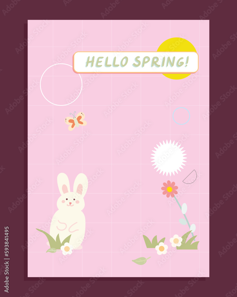  Hello Spring with Bunny Vector Template . Modern Flat Style, for social media, print,postcard.