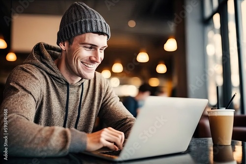 Cheerful and contented young Caucasian man sitting at desk and using laptop with a smile appears to be engaged and focused on his work. Generative AI