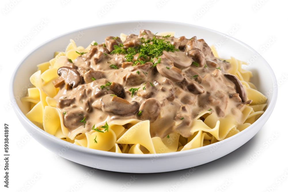A plate of beef stroganoff with egg noodles