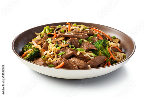 A plate of beef and vegetable stir-fry with rice noodles