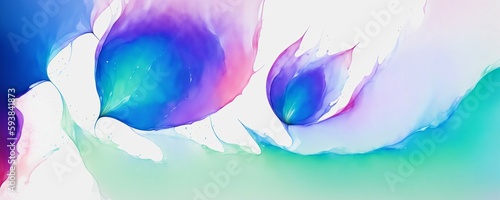 an abstract painting of blue and pink flowers