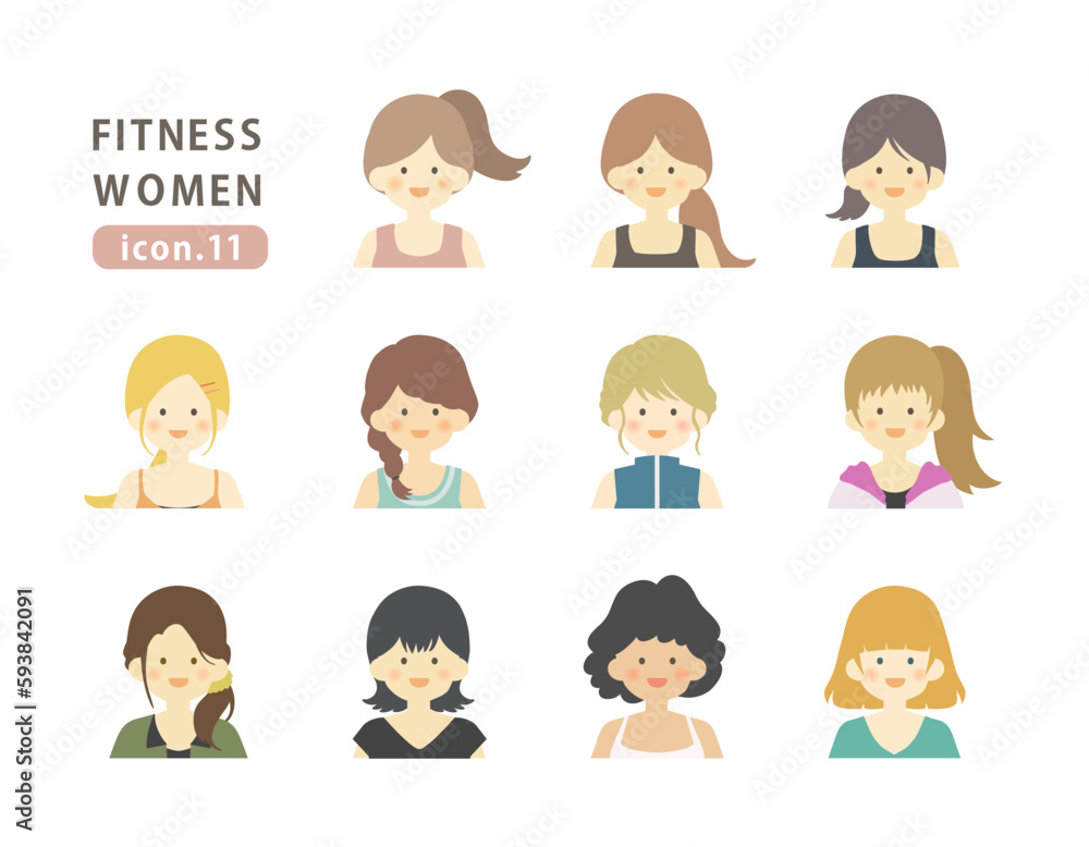 フィットネスウェアな女性 アイコン イラスト _ ベクター 素材 セット 人物 多様性 運動 健康 フィットネス シンプル かわいい