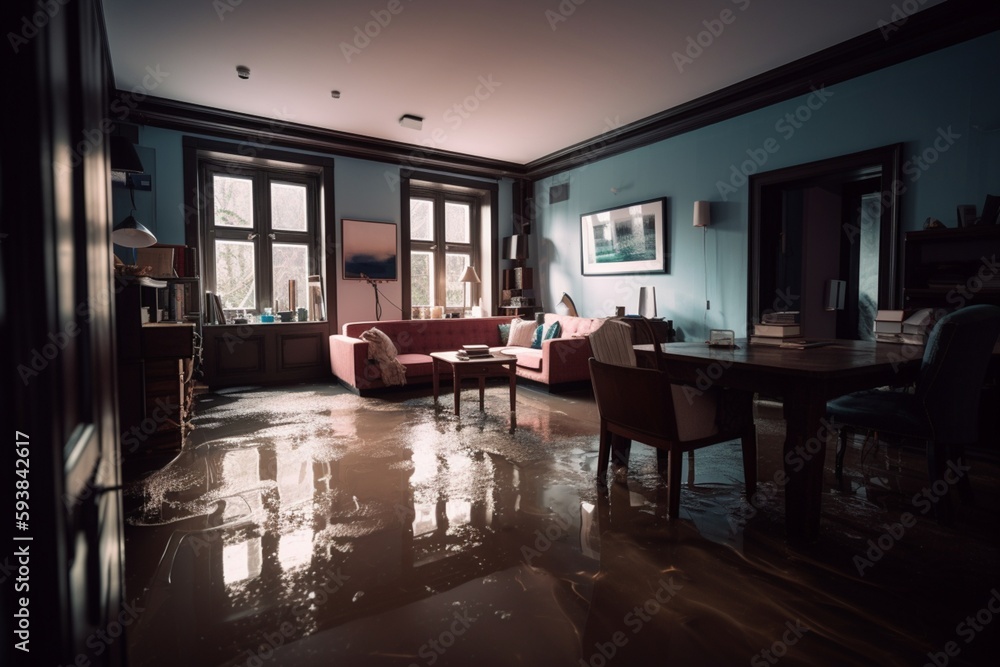 sunken apartment, flooded apartment, water on the floor. Created with generative technology