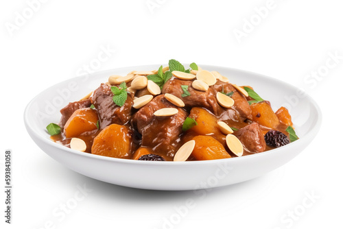 A plate of lamb tagine with apricots and almonds photo
