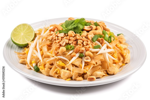 A plate of pad thai with chicken and peanuts