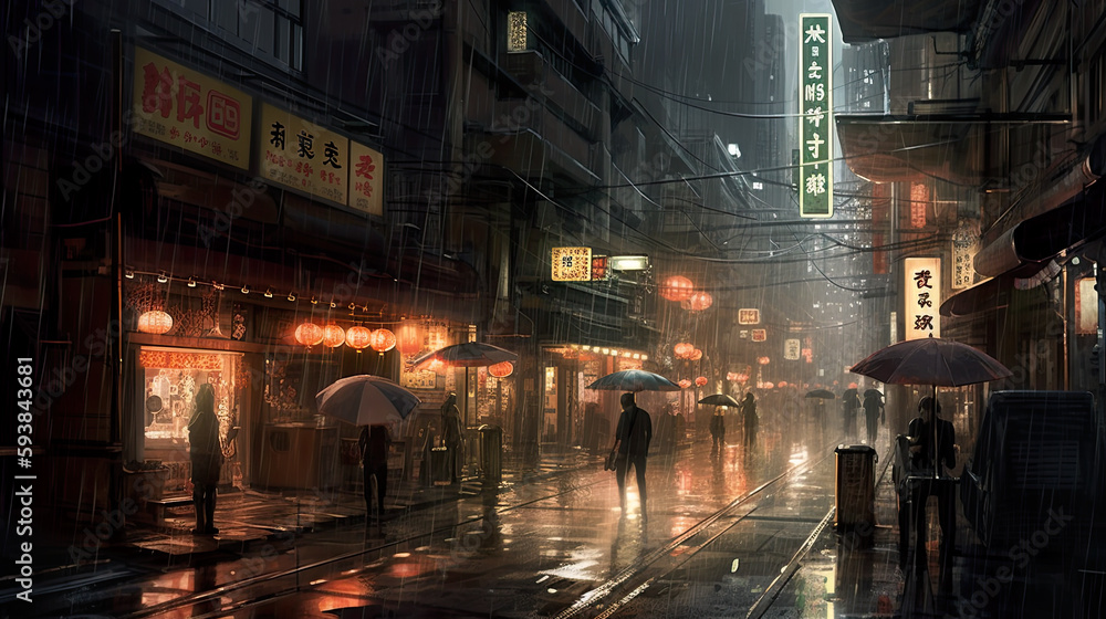 Rainy street at dusk, lit by neon signs of shops and restaurants. Passersby with umbrellas navigate through puddles, AI generative fictional Japan