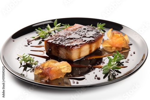 A plate of seared foie gras with caramelized onions