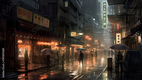 Rainy street at dusk  lit by neon signs of shops and restaurants. Passersby with umbrellas navigate through puddles  AI generative fictional Japan