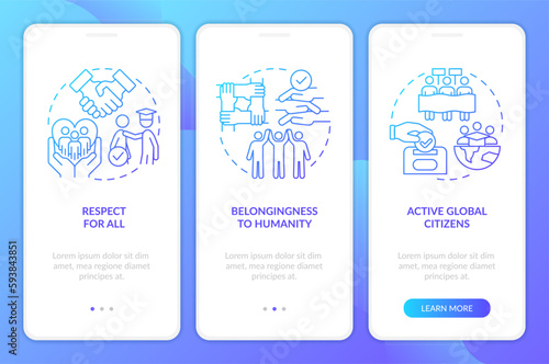 GCED goals blue gradient onboarding mobile app screen. Sustainable development walkthrough 3 steps graphic instructions with linear concepts. UI, UX, GUI template. Myriad Pro-Bold, Regular fonts used