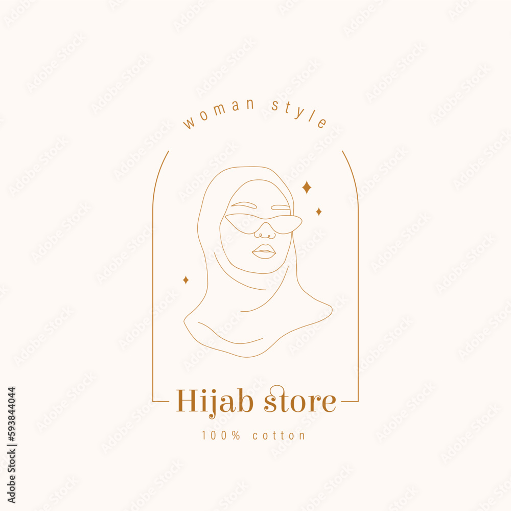 Obraz premium Hijab store logo. Abstract arabian woman in sunglasses. Hand drawn outline female silhouette in muslim headdress. Vector illustration in one line style.