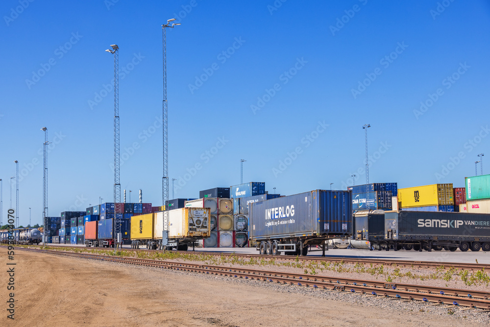 Railway terminal with containers and trailers Railway terminal with containers and trailers