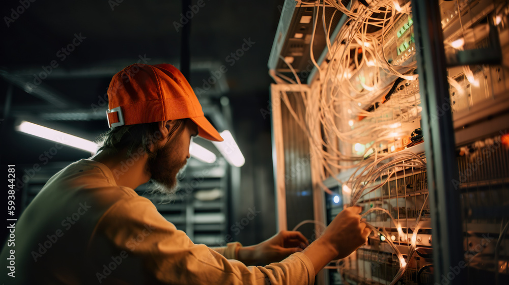 Male worker, tech engineer performing maintenance work in a server room ...
