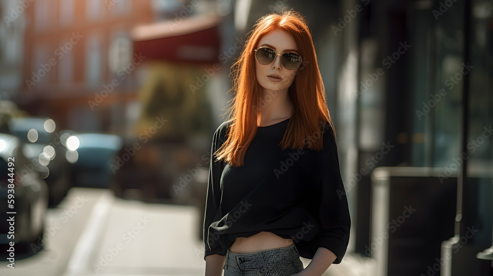 Rothaarige Frau mit Sonnenbrille in der Stadt erstellt mit Generated AI Rothaarige Frau mit Sonnenbrille in der Stadt erstellt mit Generated AI