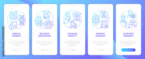 Genealogical research motivation blue gradient onboarding mobile app screen. Walkthrough 5 steps graphic instructions with linear concepts. UI, UX, GUI template. Myriad Pro-Bold, Regular fonts used