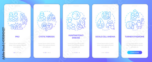 Hereditary diseases blue gradient onboarding mobile app screen. Walkthrough 5 steps graphic instructions with linear concepts. UI, UX, GUI template. Myriad Pro-Bold, Regular fonts used