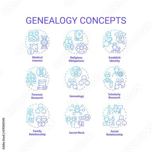 Genealogy blue gradient concept icons set. Family roots. Genetic disorders. Inheritance idea thin line color illustrations. Isolated symbols. Roboto-Medium, Myriad Pro-Bold fonts used