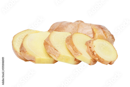 Fresh ginger root or rhizome old (Zingiber officinale) and slice. isolated on cut out PNG. Top view. Flat lay. Used for cooking popular in Thailand. Herb medical concept.	