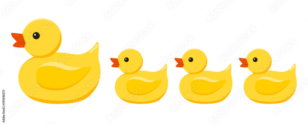 Cute little yellow rubber duck in a row toy for bath isolated on white background. Vector flat cartoon style design element bathing baby toy illustration.