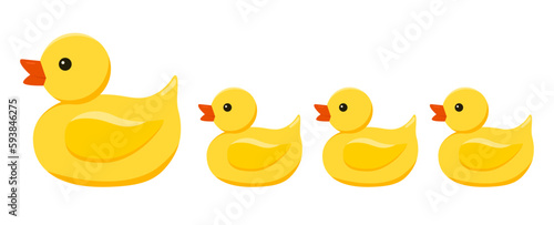 Cute little yellow rubber duck in a row toy for bath isolated on white background. Vector flat cartoon style design element bathing baby toy illustration.