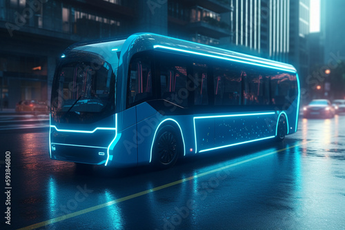 3D rendering of a modern electric bus in the city at night