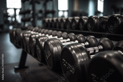 Rows of dumbbells in the gym Close up of modern dumbbells equipment in the sport gym, gym equipment concept. generative AI