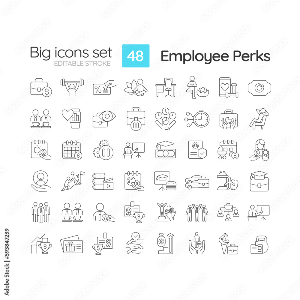 Employee perks linear icons set. Incentive program. Work environment. Increase productivity. Reward system. Customizable thin line symbols. Isolated vector outline illustrations. Editable stroke Employee perks linear icons set. Incentive program. Work environment. Increase productivity. Reward system. Customizable thin line symbols. Isolated vector outline illustrations. Editable stroke