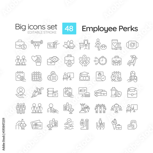 Employee perks linear icons set. Incentive program. Work environment. Increase productivity. Reward system. Customizable thin line symbols. Isolated vector outline illustrations. Editable stroke
