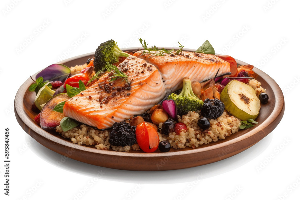 A platter of grilled salmon with roasted vegetables A platter of grilled salmon with roasted vegetables