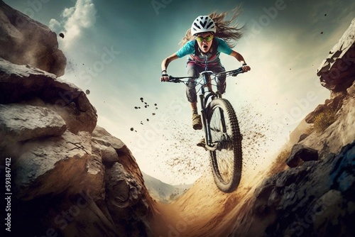 A young girl on a sports bike rushes off-road at great speed. Extreme sport. Go pro wide angle shot. Ai generated