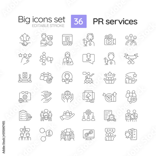 PR services linear icons set. Public relations. Social media. Marketing agency. Effective communication. Customizable thin line symbols. Isolated vector outline illustrations. Editable stroke