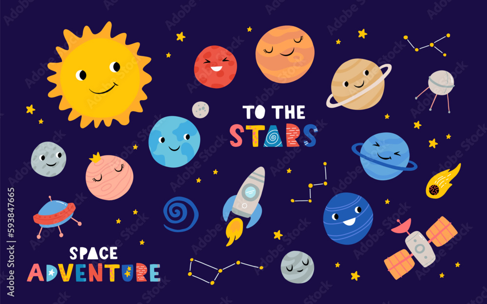 Cute planets of Solar system with happy faces. Funny celestial objects in outer space, rocket, ufo, satellite. Astronomy for children. Childish flat cartoon vector seamless pattern.