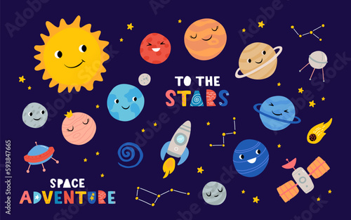 Cute planets of Solar system with happy faces. Funny celestial objects in outer space, rocket, ufo, satellite. Astronomy for children. Childish flat cartoon vector seamless pattern.