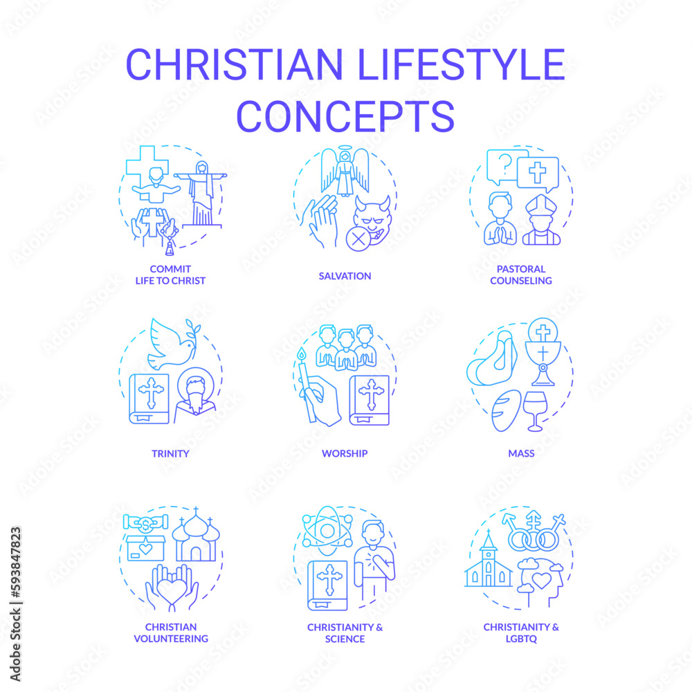 Christian lifestyle blue gradient concept icons set. Culture of faith and religion. Worship idea thin line color illustrations. Isolated symbols. Roboto-Medium, Myriad Pro-Bold fonts used