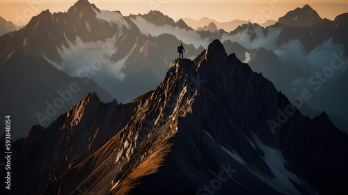 Hiker reaching the peak of a mountain and starring into a vast snowy valley