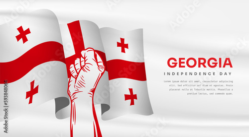 Banner illustration of Georgia independence day celebration with text space. Waving flag and hands clenched. Vector illustration.