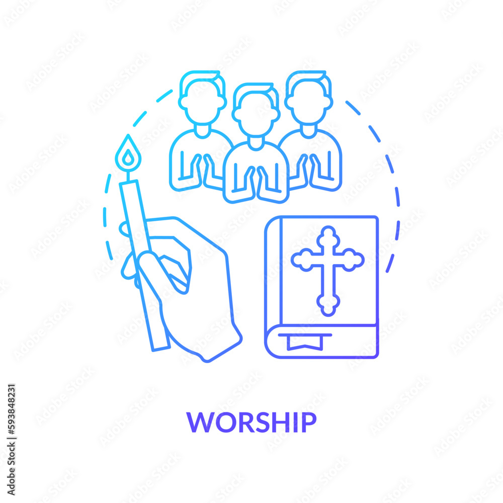 Worship blue gradient concept icon. Church service for believers. Religious practice in community abstract idea thin line illustration. Isolated outline drawing. Myriad Pro-Bold font used Worship blue gradient concept icon. Church service for believers. Religious practice in community abstract idea thin line illustration. Isolated outline drawing. Myriad Pro-Bold font used