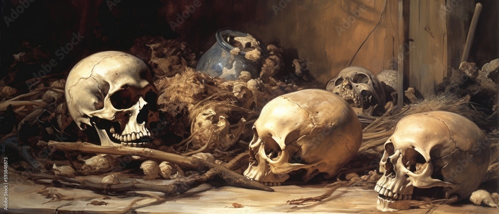 Pile of crushed human skulls and bones in a dark room, macabre dungeon basement of horror and terrifying death, scary and disturbing scene - Generative AI Pile of crushed human skulls and bones in a dark room, macabre dungeon basement of horror and terrifying death, scary and disturbing scene - Generative AI