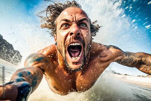 Man surfer in the water in motion, he is overwhelmed with emotions. Extreme sport. Go pro wide angle shot. Ai generated