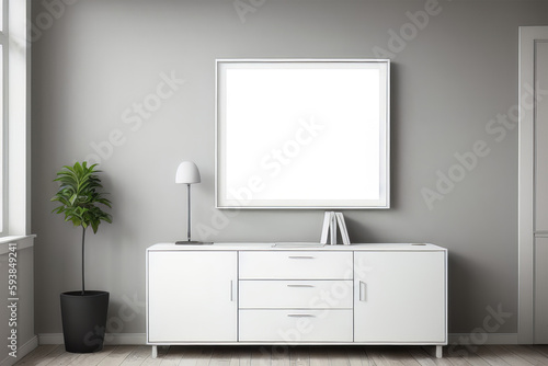 a white mockup framed poster hangs on the wall with a photo on the wall. © vytautas