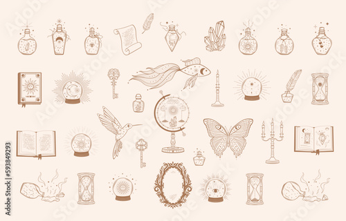 Hand drawn set of beige mystical glass bottle, crystal ball, book, mirror, globe, hourglass, goldfish, hummingbird, butterfly in line art. Magic talisman boho style. Vector outline sketch illustration