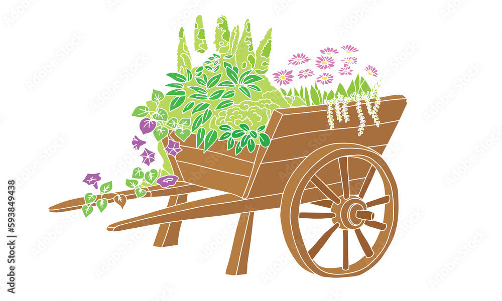 Flowers in a cart. Hand drawn vector illustration.