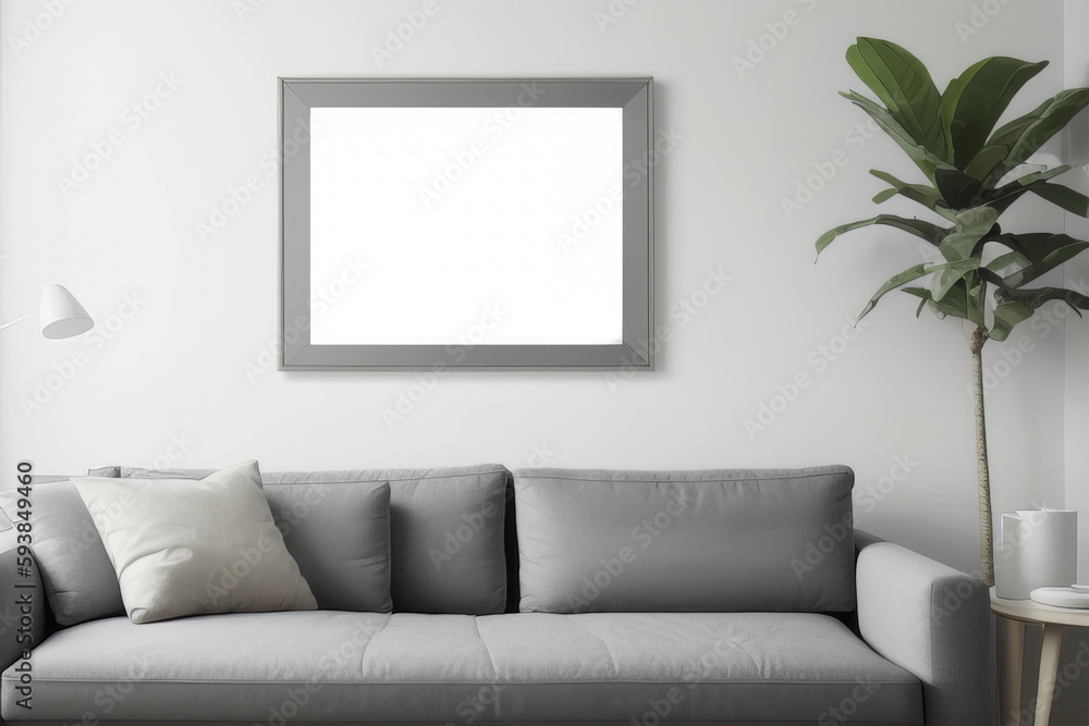 a white mockup framed poster hangs on the wall with a photo on the wall. a white mockup framed poster hangs on the wall with a photo on the wall.