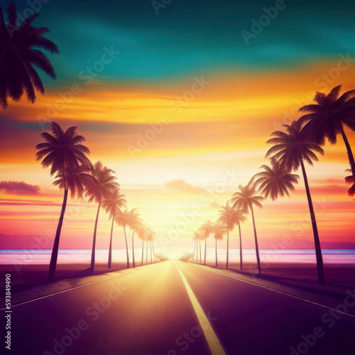 Palm trees along an empty road leading towards the ocean, sunset, generative AI