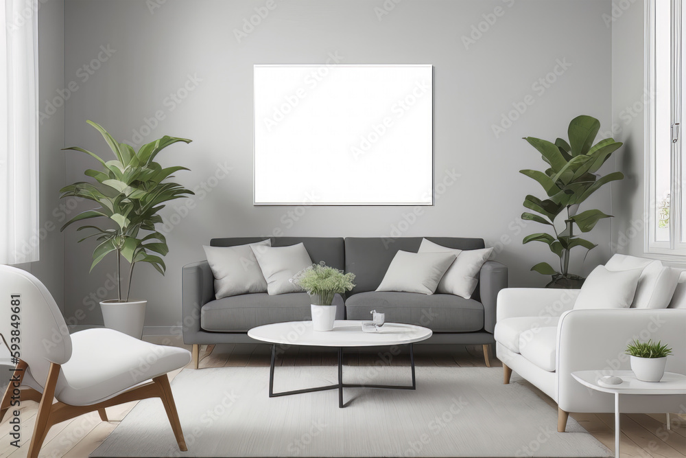 a white mockup framed poster hangs on the wall with a photo on the wall. a white mockup framed poster hangs on the wall with a photo on the wall.
