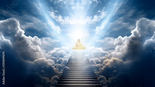 Buddha. Stairway to heaven with Buddha statue. 