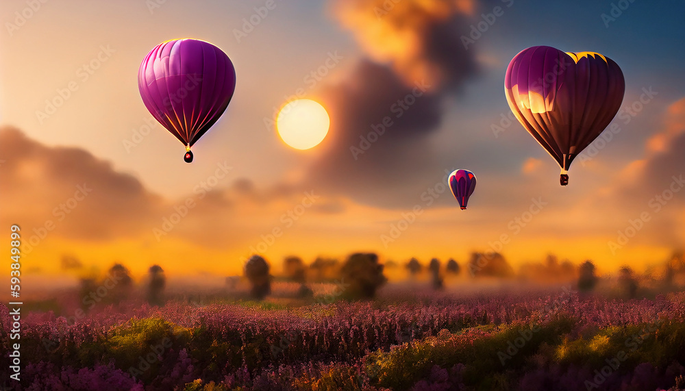 Fototapeta premium Purple lavender fields in bloom, hot air balloons in background, generative ai