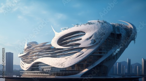 Soaring Architecture: White Building Inspired by a Wing Shape, Realistic Cityscape Seamlessly Blending with Seapunk Aesthetics, A Vision of Futuristic Urban Design - Generative AI Illustration photo