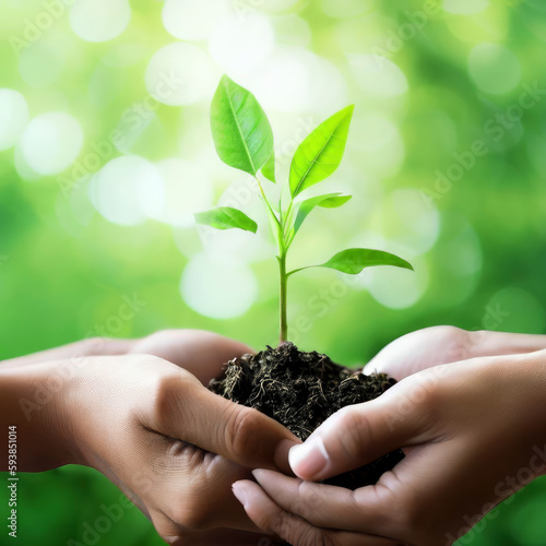 Environment Earth Day, hands holding tree seedlings, generative AI